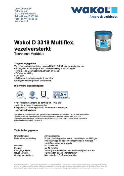 Wakol D3318 MultiFlex | PVC dispersielijm 13 kg
