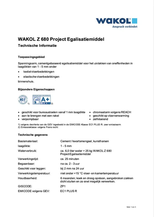 Wakol Z680 project egaliseermidel 25 kg