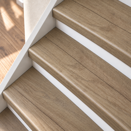 hoogland eiken traprenovatie, dichte trap met witte stootborden, detail schuin van boven