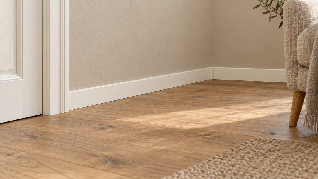 Moderne MDF plint 12 × 70 mm in RAL 9010 in een interieur